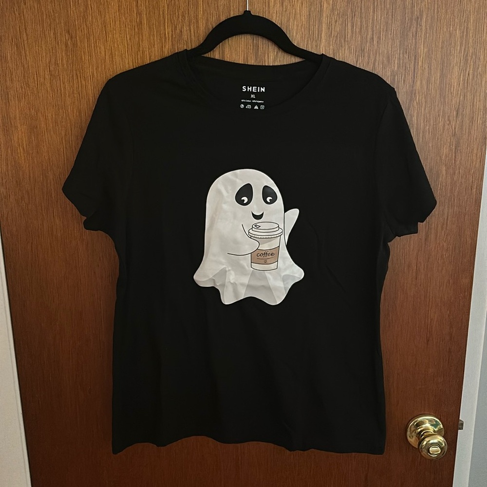 Ghost holding coffee tshirt. Halloween ghost shirt
